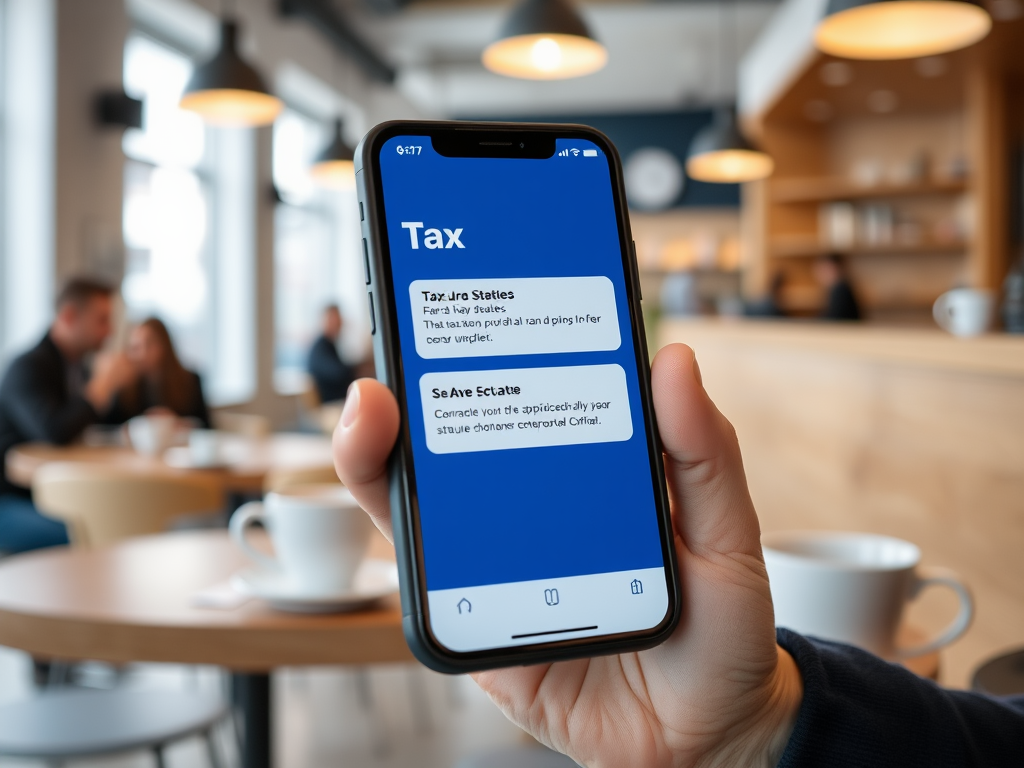 На экране смартфона приложение, связанное с налогами, в кафе. Влажная атмосфера с чашками кофе на столах.