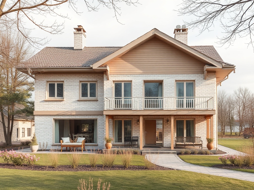 Современный дом с террасой, окруженный зеленым двором и цветами. Солнечный день, спокойная обстановка.