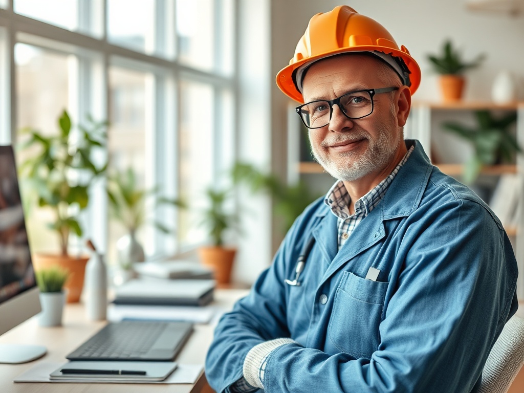 Мужчина в защитном шлеме и очках улыбается, сидя за рабочим столом с растениями на фоне.