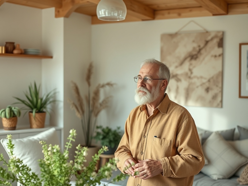 Пожилой мужчина с бородой стоит в комнате, окружённый растениями и уютной обстановкой.