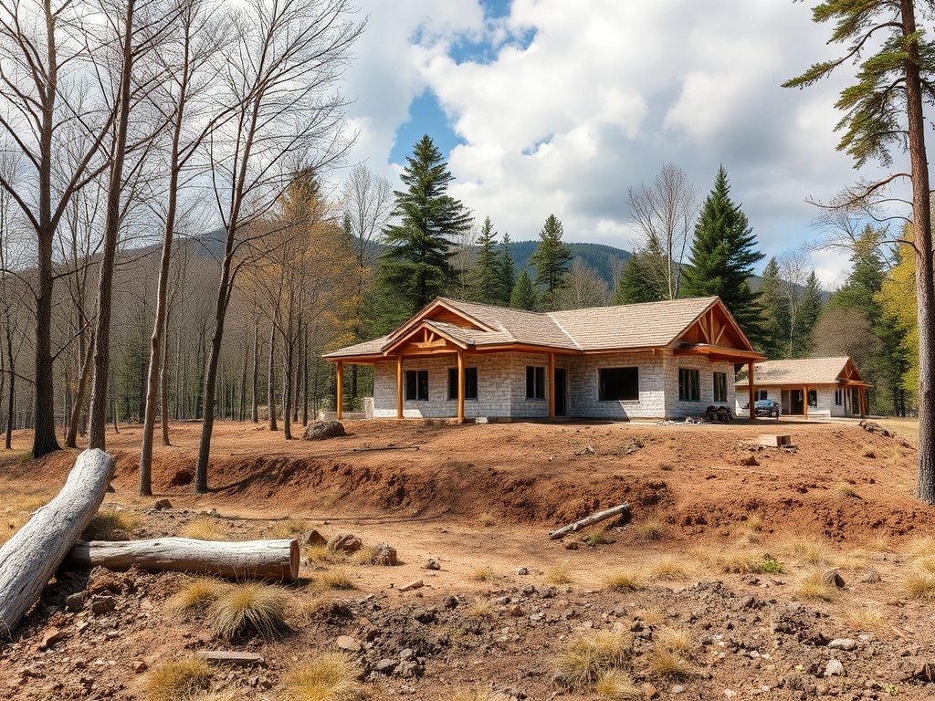 Два недавно построенных дома среди леса с голубым небом и облаками. Окружение с деревьями и свежей землёй.