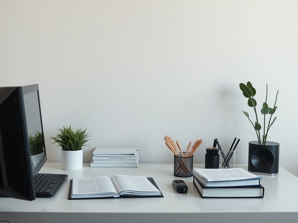 Современный офисный стол с компьютером, книгами и растениями, создающий уютную рабочую атмосферу.