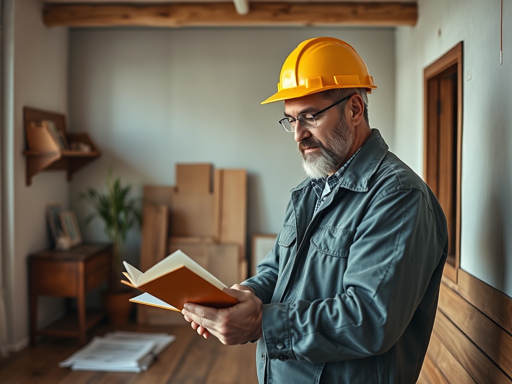 Мужчина в строительном шлеме читает книгу в комнате с новой отделкой и мебелью.