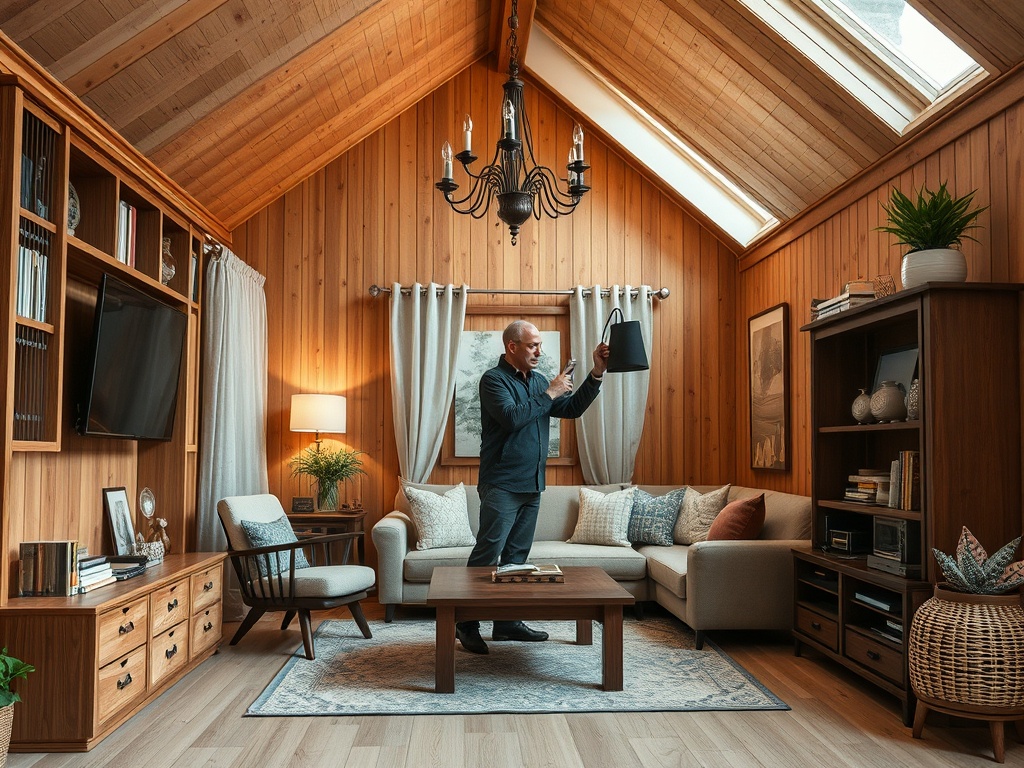 Мужчина с лампой стоит в уютной комнате с деревянными стенами и современным интерьером.