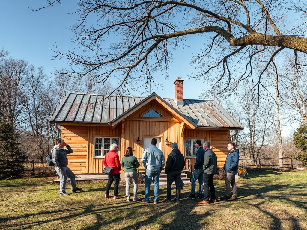Группа людей смотрит на деревянный дом с металлической крышей в солнечный день. Рядом деревья и лужайка.