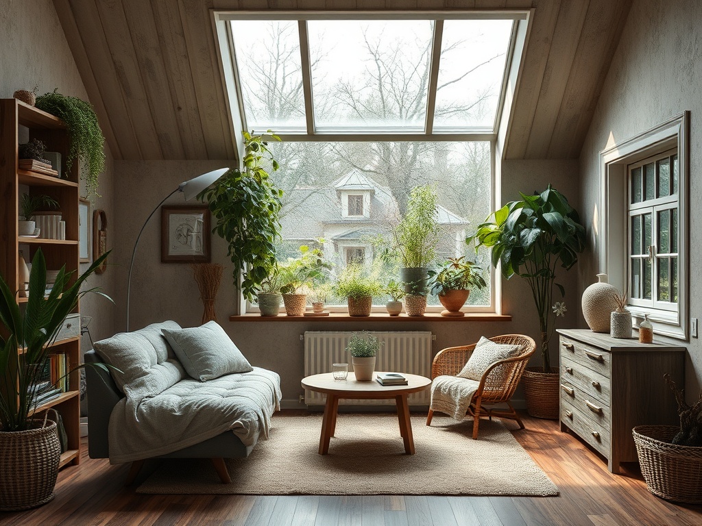 Уютная комната с большим окном, зелен plants, диваном и столом, создающая атмосферу спокойствия.