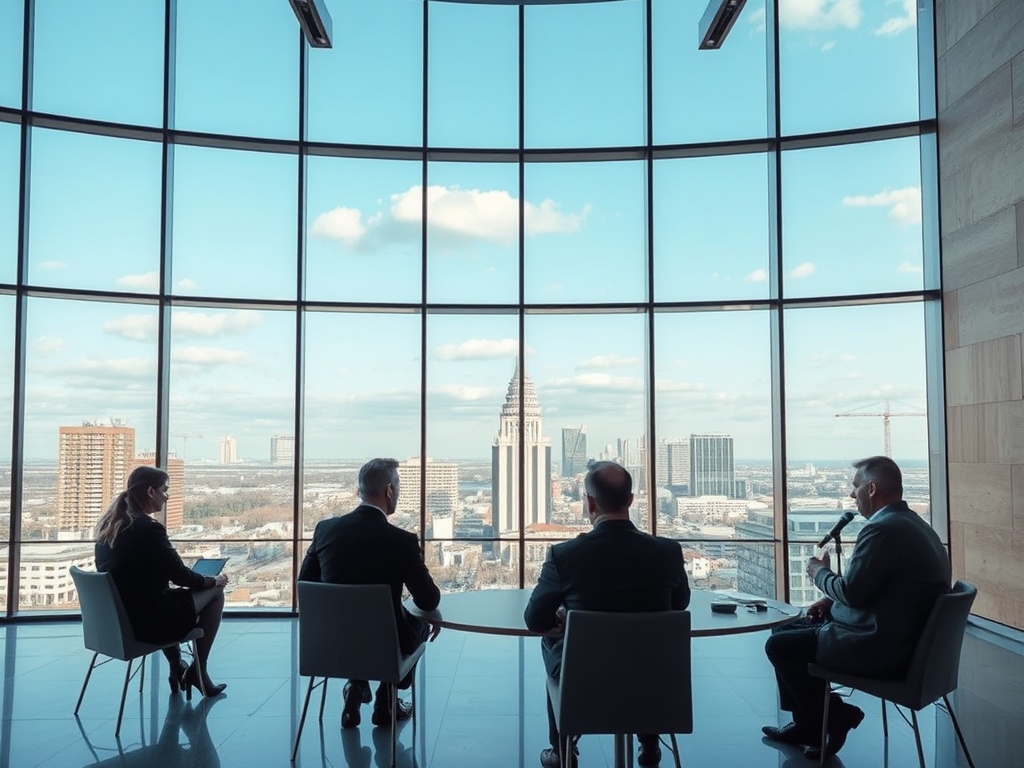 Группа людей на деловой встрече с видом на город через большие окна. Яркое небо и современные здания.