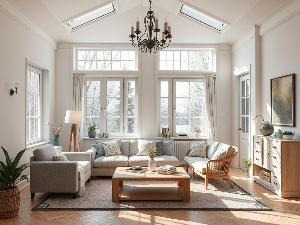 Светлая гостиная с большими окнами, удобной мебелью и растениями, создающая уютную атмосферу.