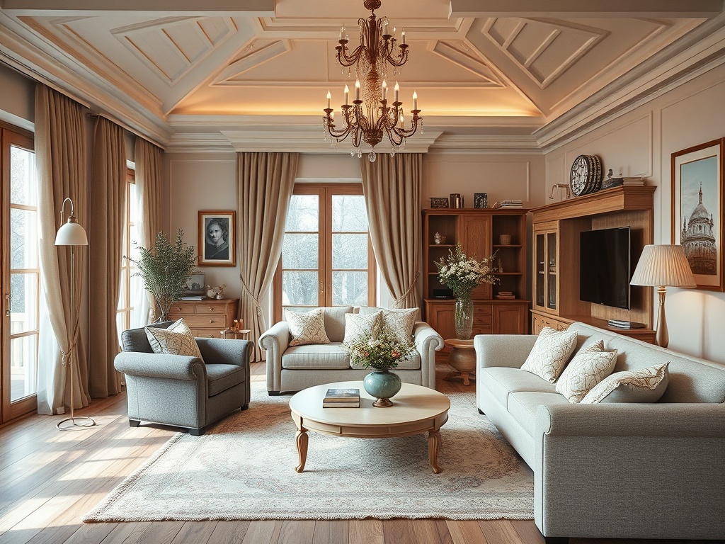 Современная гостиная с мягкой мебелью, ковром, люстрой и большими окнами, украшенная растениями и картинами.