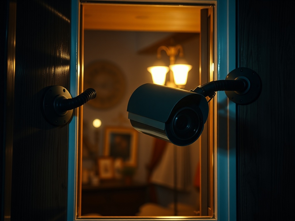 Камера наблюдения, установленная напротив окна, освещает темную комнату внутри дома.