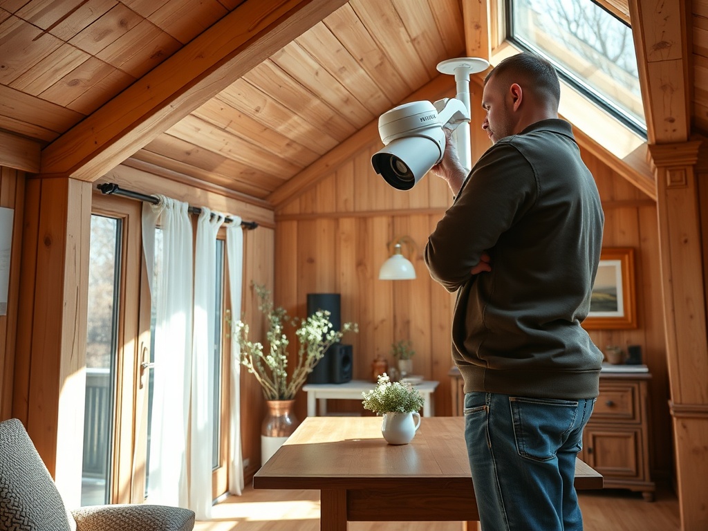Мужчина в свитере держит камеру безопасности в уютном деревянном доме с большими окнами.