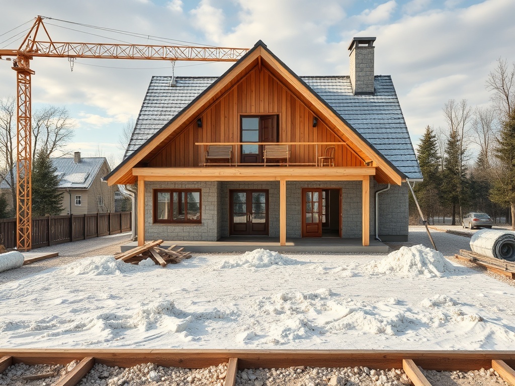 На переднем плане новый дом с деревянным фасадом, окруженный строительными материалами и снегом.