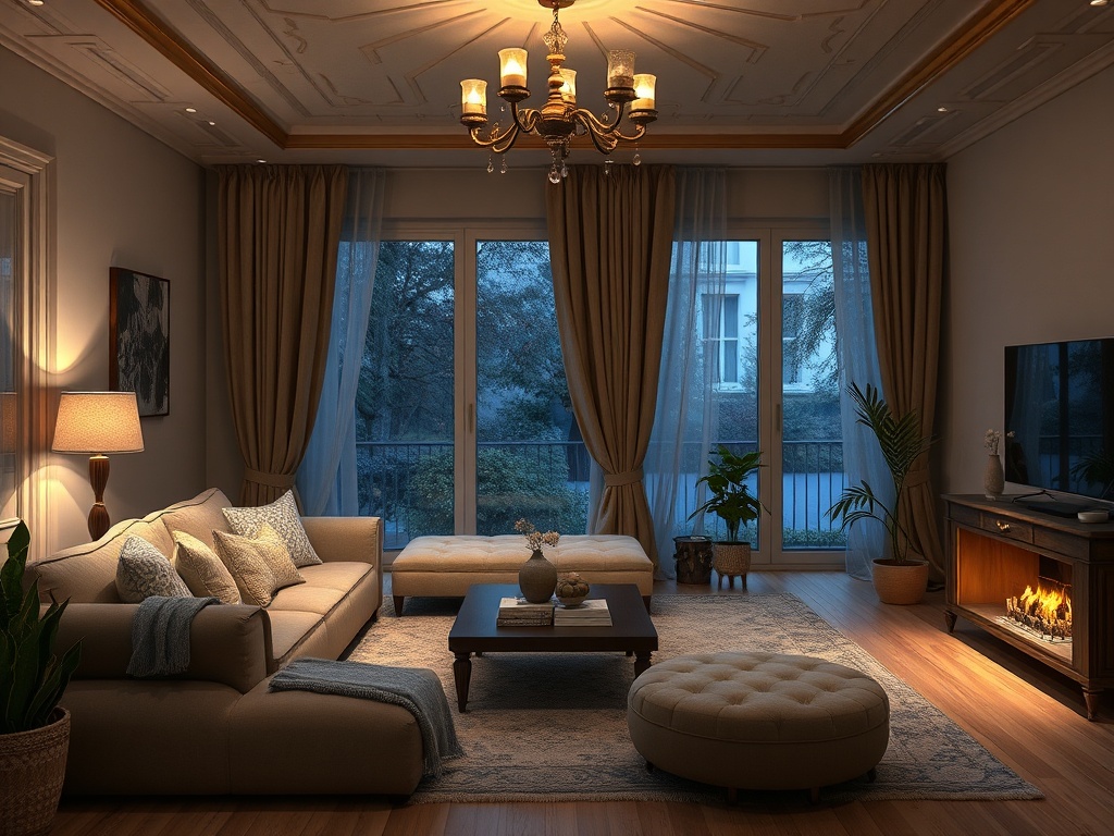 Современная гостиная с бежевым диваном, мягким освещением и уютным камином. Панорамные окна выходят на улицу.