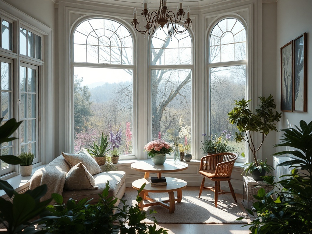 Светлая комната с большими окнами, растительностью и видом на пейзаж с цветами и деревьями.