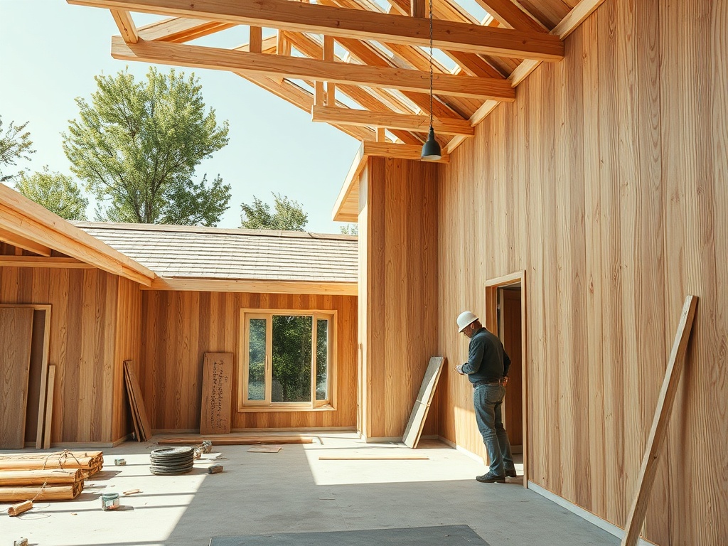 Строительный объект с деревянными стенами. Рабочий в каске осматривает помещение. Яркий солнечный день.