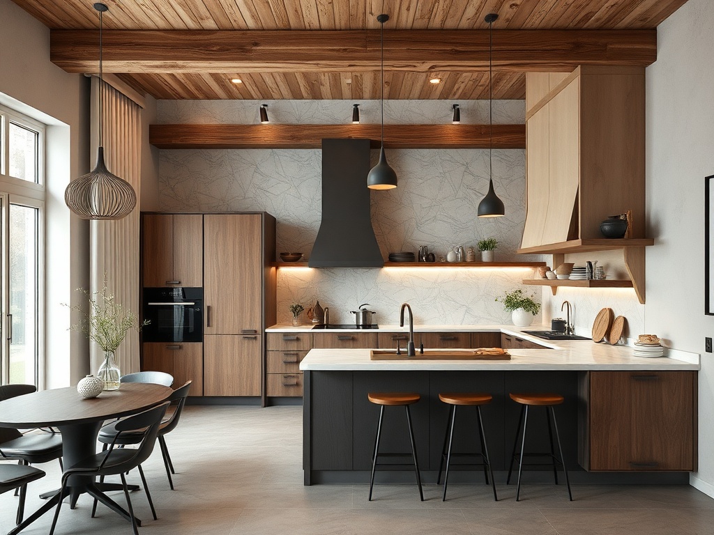 Современная кухня с деревянными шкафами, островом и столом, уютно оформленная в светлых тонах.