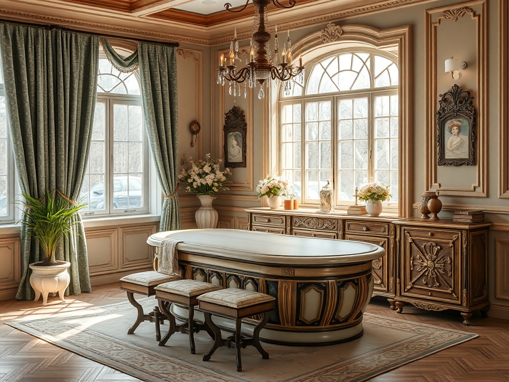 Элегантный интерьер с двумя окнами, декоративной мебелью и стильными шторами. Уют и роскошь в одном.