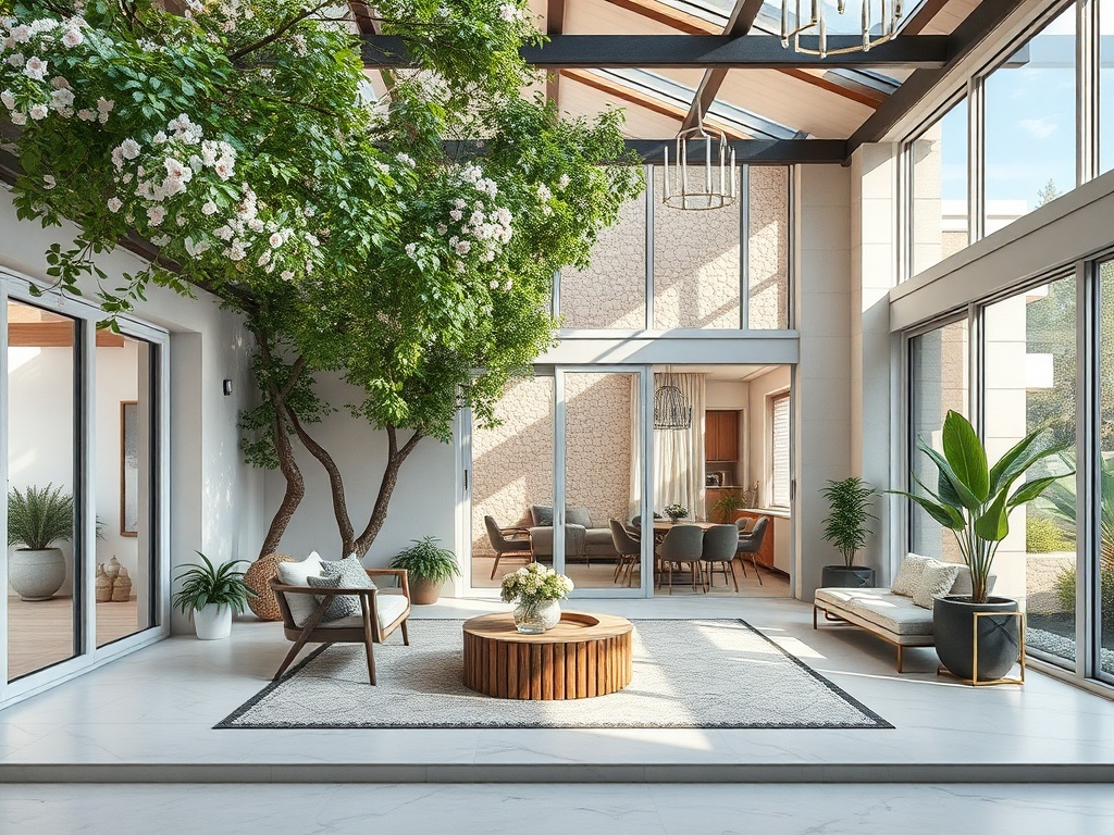 Светлое помещение с зелёным деревом, мебелью и большими окнами, создающими атмосферу уюта и свежести.