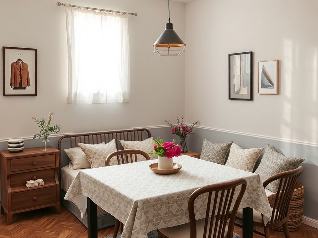 Светлая гостиная с деревянной мебелью, столом и цветами на столе, оформленная в современном стиле.