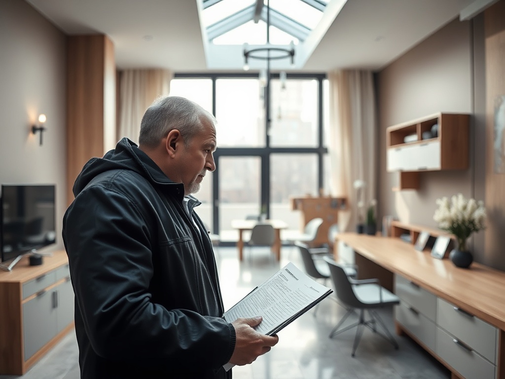 Мужчина в черной куртке читает документы в современном интерьере комнаты с большой солнечной панелью.