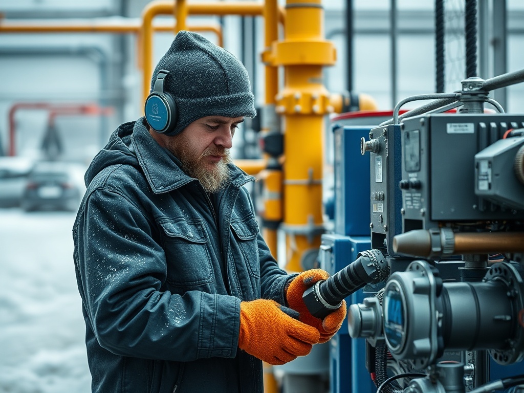 Рабочий в зимней одежде с наушниками проверяет оборудование на фоне промышленных трубопроводов.