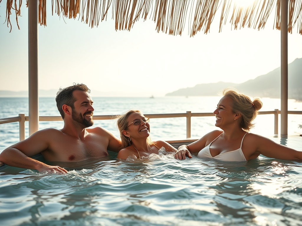 Трое друзей веселятся в джакузи у моря на закате, наслаждаясь моментом и дружеской атмосферой.