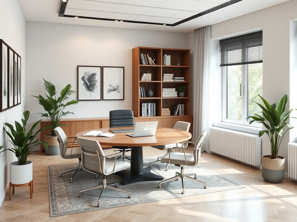 Современный офис: круглый стол, стулья, библиотека и растения в окружении светлых стен и окон.