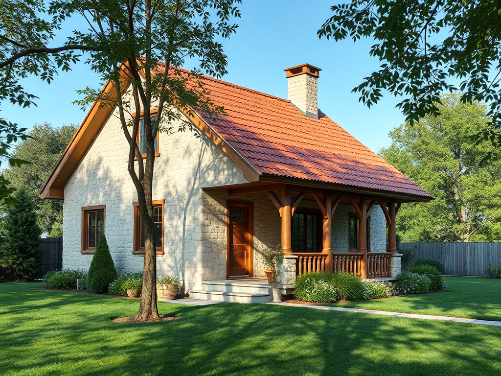 Красивая загородная дом с красной крышей, находящийся на зеленом lawn окруженный деревьями и кустами.