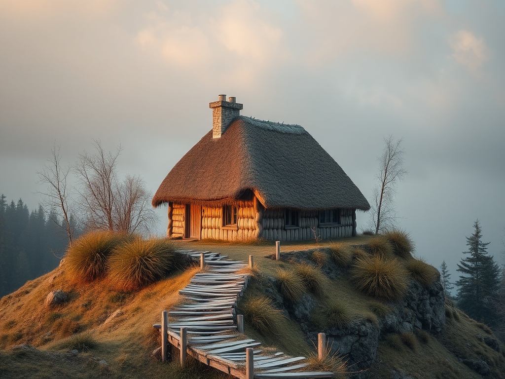 Уютный домик с соломенной крышей на холме, окруженный лесом и облаками. Спокойная и атмосферная природа.