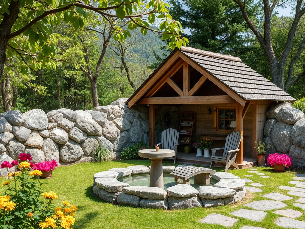 Уютный уголок с деревянным домиком, каменной стеной и цветами на фоне зелёного сада.