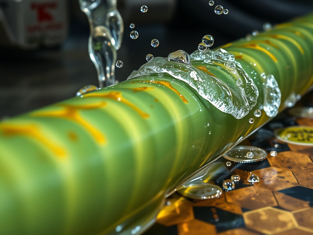 На изображении вода стекает по зеленой поверхности с каплями, создавая яркий и интересный эффект.