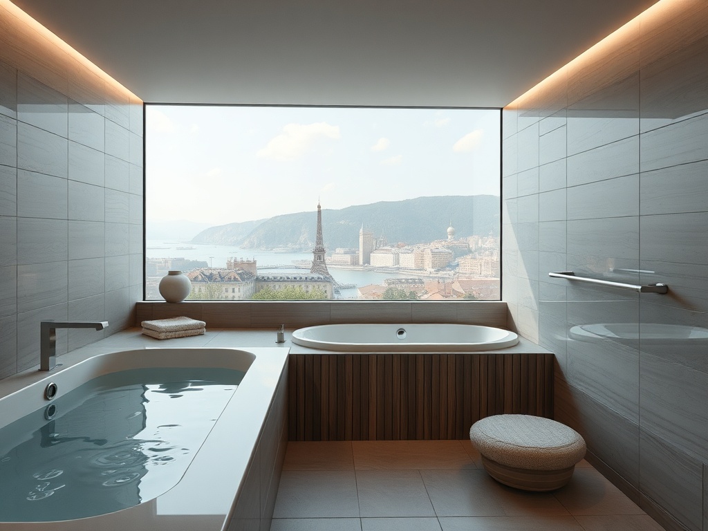 Современная ванная комната с большим окном, откуда открывается вид на город и природу.