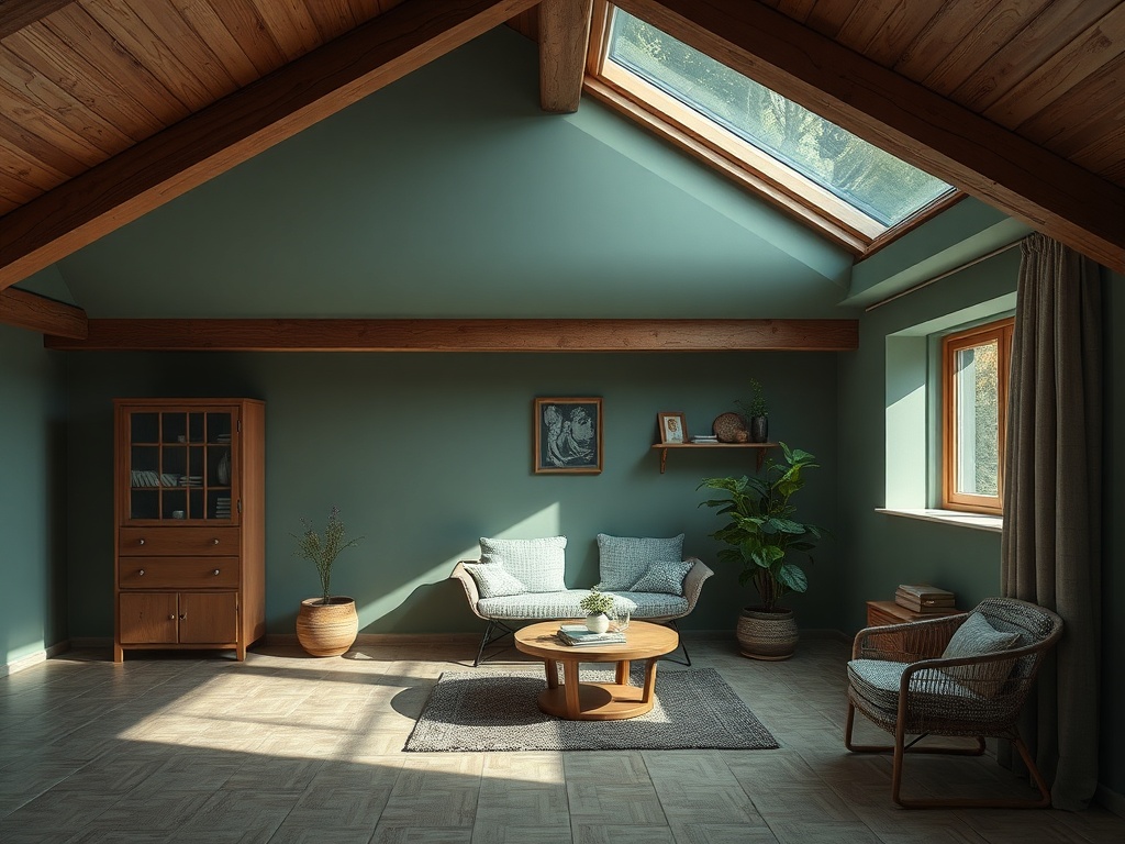 Светлая комната с зелеными стенами, деревянными потолками и стильной мебелью. Уютная атмосфера и много света.