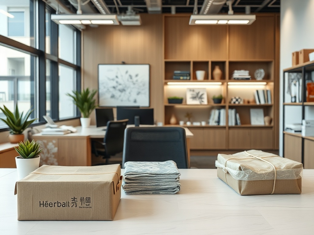 Офис с современным дизайном, на столе упаковки и сложенные полотенца, растения на фоне.