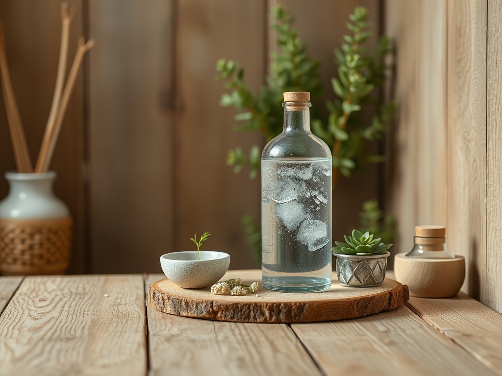 Стеклянная бутылка с водой и льдом на деревянной подставке, рядом элементы декора и растения.