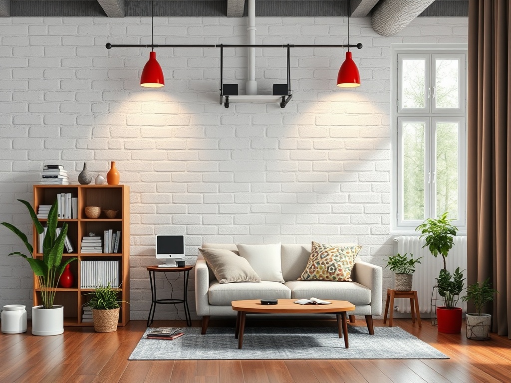 Современная гостиная с белой стеной, диваном, зелеными растениями и светильниками с красными абажурами.