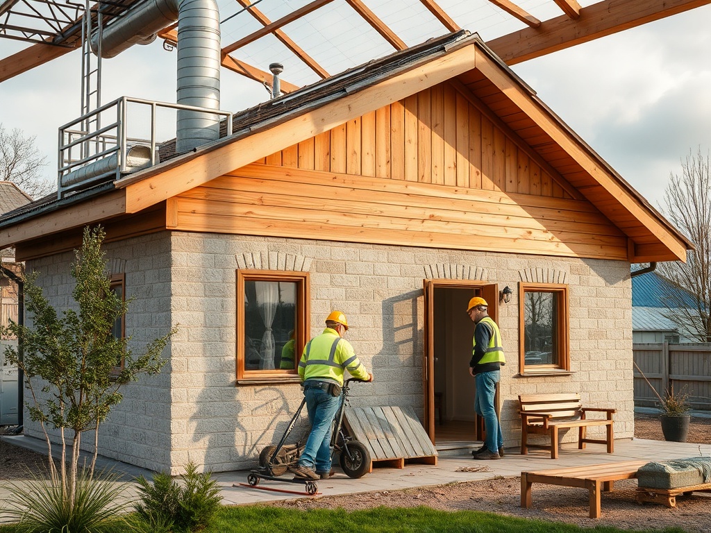 Два строителя работают у нового дома с деревянной крышей и стенами из камня. Вокруг зелень и конструкции.