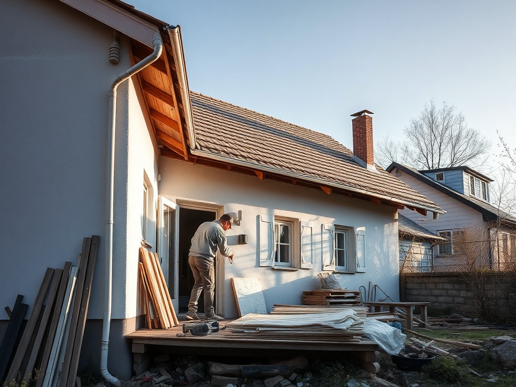 Мужчина работает на веранде дома, вокруг него строительные материалы и инструменты. Солнечный день.