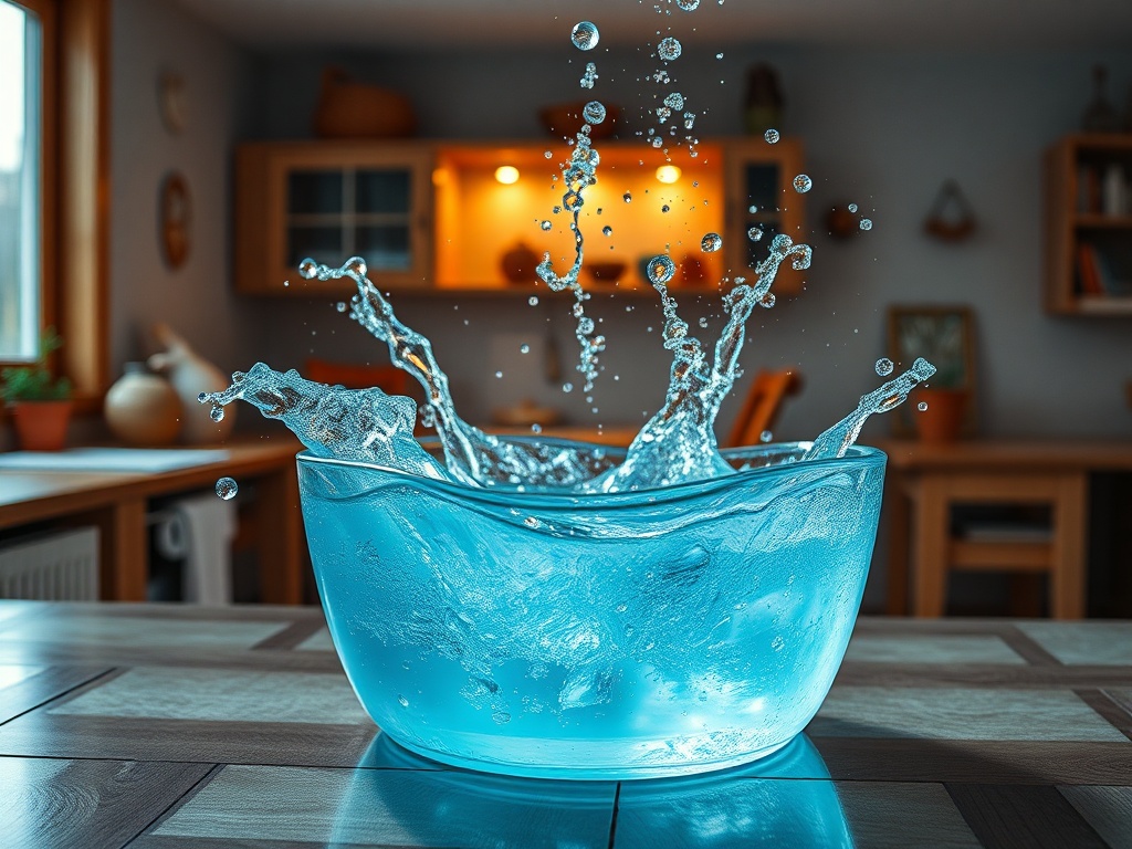 Красивая чаша с водой, вокруг которой разбрызгиваются капли, на фоне уютной кухни.